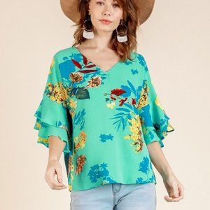 Mint Floral Bell Sleeve V-Neck Blouse